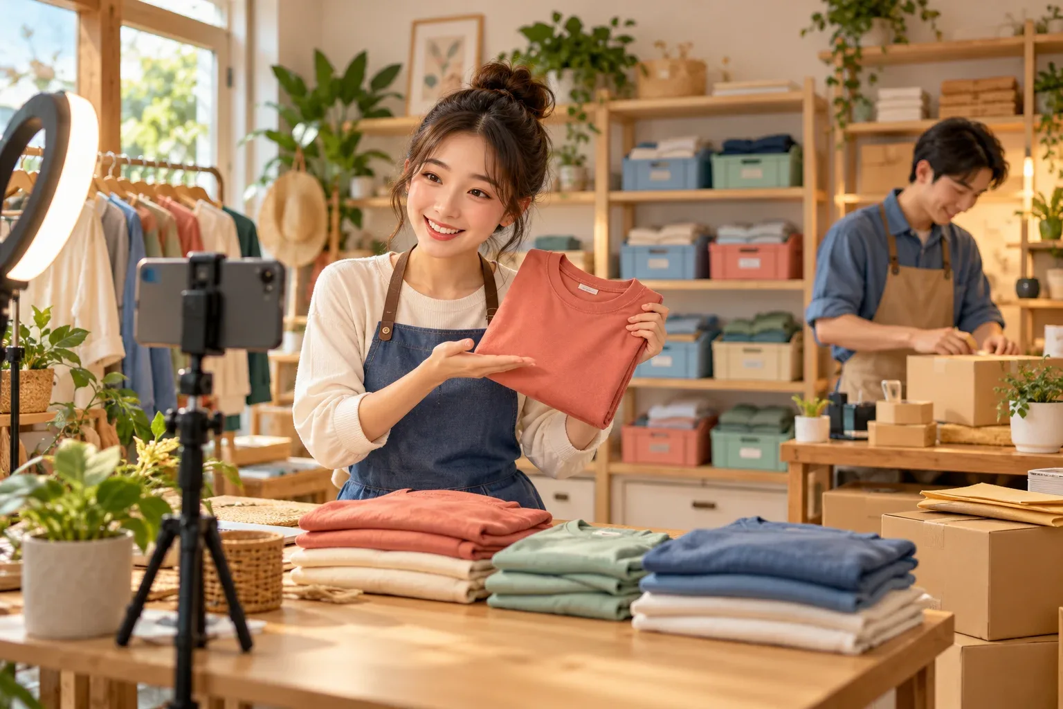 เจ้าของร้านซ้อมไลฟ์ขายเสื้อด้วยมือถือและไฟส่อง ขณะที่ผู้ช่วยจัดสินค้าและแพ็กออเดอร์ด้านหลัง