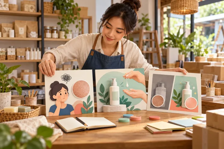 เจ้าของร้านจัดบอร์ดแนวคิดโฆษณา 3 แบบ ได้แก่ ปัญหา การสาธิต และการเปรียบเทียบสินค้า