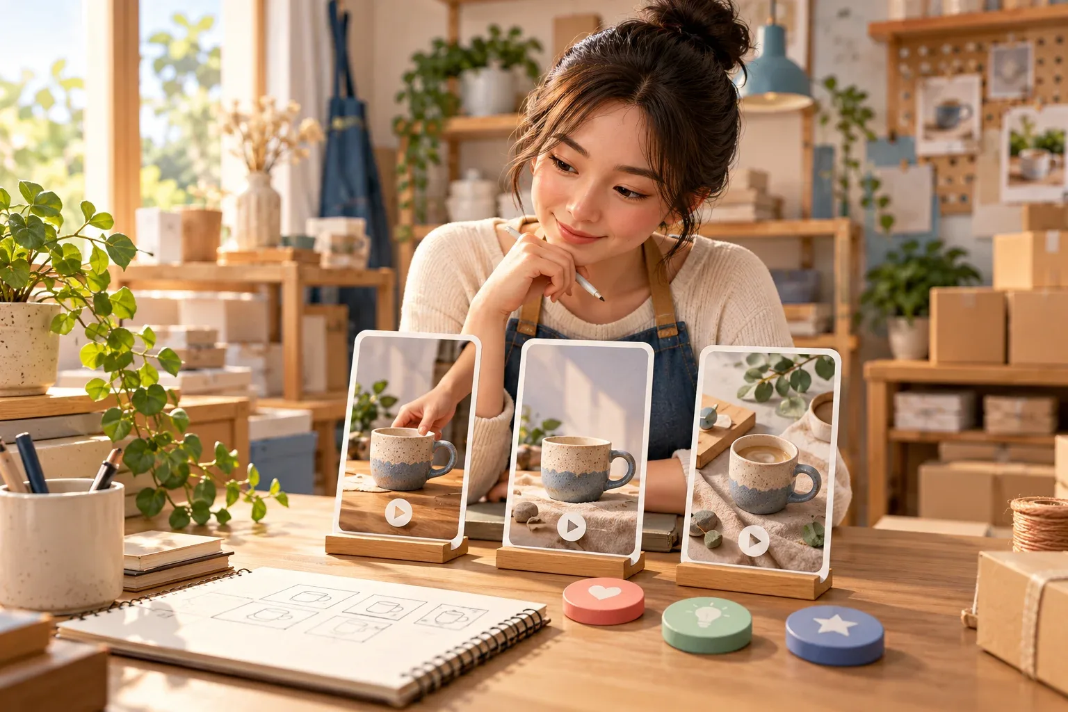 เจ้าของร้านเปรียบเทียบภาพเปิดคลิปสินค้า 3 แบบบนการ์ดแนวตั้งข้างสมุดบันทึกการทดลอง