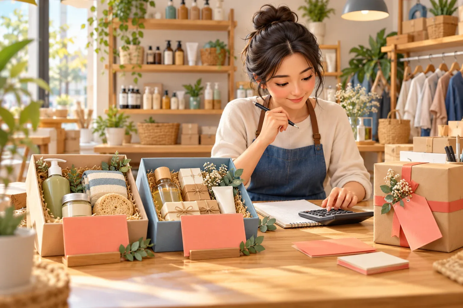 เจ้าของร้านจัดชุดโปรโมชันสินค้าและกล่องพัสดุข้างเครื่องคิดเลขกับการ์ดต้นทุน