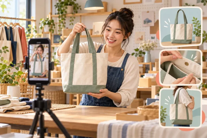 เจ้าของร้านสาธิตกระเป๋าผ้าต่อหน้ากล้องมือถือ พร้อมภาพรายละเอียดการใช้งานสินค้า