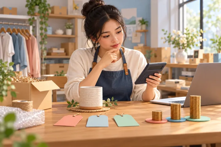 โต๊ะทำงานเจ้าของร้านกับกล่องสินค้า เครื่องคิดเลข และบัตรต้นทุนหลายรายการ